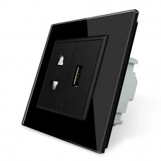 Розетка универсальная с USB розеткой черный стекло