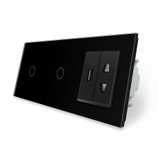 Сенсорный выключатель 2 сенсора (1-1) 1 USB 1 универсальная розетка черный стекло