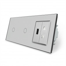 Сенсорный выключатель 2 сенсора (1-1) 1 USB 1 универсальная розетка серый стекло