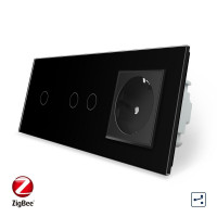 Умный сенсорный проходной выключатель 3 сенсора (1-2) 1 розетка черный стекло