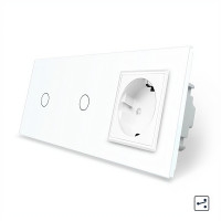 Сенсорный проходной выключатель 2 сенсора (1-1) 1 розетка белый стекло