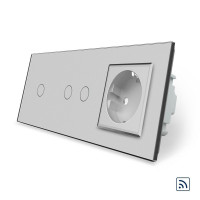 Сенсорный радиоуправляемый выключатель 3 сенсора (1-2) 1 розетка серый стекло