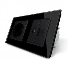 Розетка двухместная комбинированная Силовая Интернет ТВ черный стекло