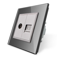 Розетка компьютерная RJ-45 и ТВ розетка серый стекло