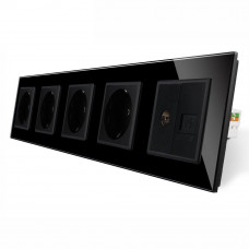 Розетка пятиместная комбинированная Силовая Интернет ТВ черный стекло