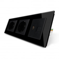 Розетка трехместная комбинированная Силовая Интернет ТВ черный стекло