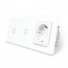Сенсорный выключатель 2 сенсора (1-1) 1 розетка белый стекло