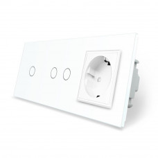 Сенсорный выключатель 3 сенсора (1-2) 1 розетка белый стекло