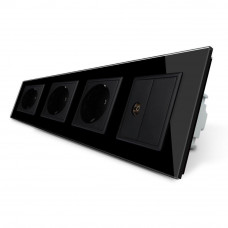 Розетка четырехместная комбинированная Силовая ТВ черный стекло
