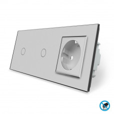 Бесконтактный выключатель 2 сенсора (1-1) 1 розетка серый стекло