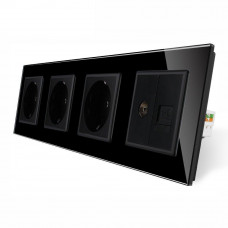 Розетка четырехместная комбинированная Силовая Интернет ТВ черный стекло