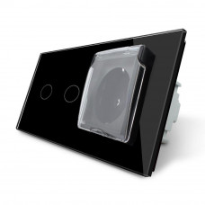 Сенсорный выключатель 2 сенсора Розетка влагозащищенная с крышкой черный стекло