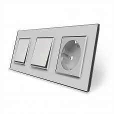 Комплект одноклавишных выключателей с розеткой серый стекло
