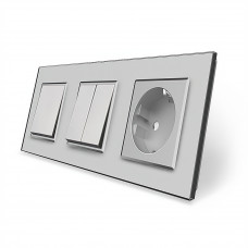 Комплект одноклавишный с двухклавишным выключателем и розеткой серый стекло