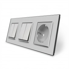 Комплект двухклавишных выключателей с розеткой серый стекло