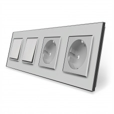 Комплект одноклавишных выключателей с двойной розеткой серый стекло