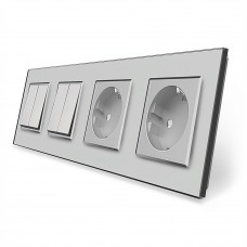 Комплект двухклавишных выключателей с двойной розеткой серый стекло