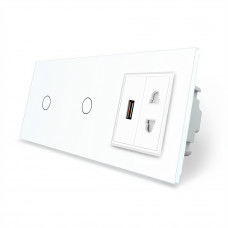 Сенсорный выключатель 2 сенсора (1-1) 1 USB 1 универсальная розетка белый стекло