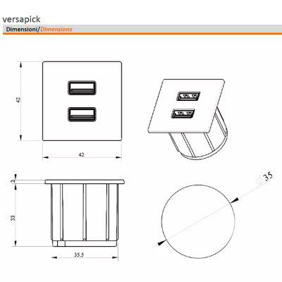 Встраиваемый USB-порт Versapick USB (5v) + USB Type C квадратный золото