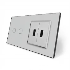 Сенсорный выключатель 2 сенсора 2 USB серый стекло