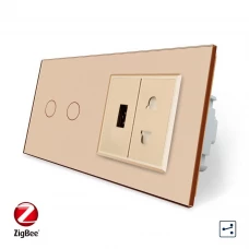 Умный сенсорный проходной выключатель 2 сенсора 1 розетка 1 USB золотой стекло