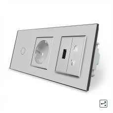 Сенсорний прохідний вимикач 1 сенсор 1 розетка 1 USB 1 розетка універсальна сірий скло