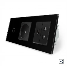 Сенсорний прохідний вимикач 1 сенсор 1 розетка 1 USB 1 розетка універсальна чорний скло