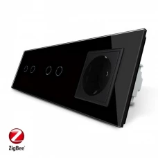 Умный сенсорный ZigBee выключатель 4 сенсора (2-2) 1 розетка черный стекло