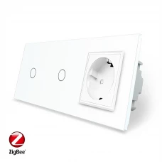 Умный сенсорный ZigBee выключатель 2 сенсора (1-1) 1 розетка белый стекло
