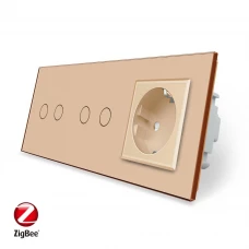 Умный сенсорный ZigBee выключатель 4 сенсора (2-2) 1 розетка золото стекло