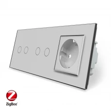 Умный сенсорный ZigBee выключатель 4 сенсора (2-2) 1 розетка серый стекло