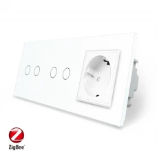 Умный сенсорный ZigBee выключатель 4 сенсора (2-2) 1 розетка белый стекло