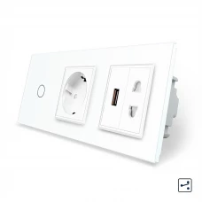 Сенсорний прохідний вимикач 1 сенсор 1 розетка 1 USB 1 розетка універсальна білий скло